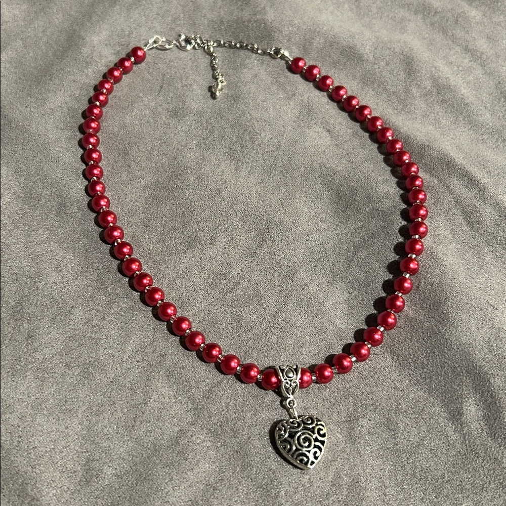 Elegant Red Beaded Necklace with Heart Pendant